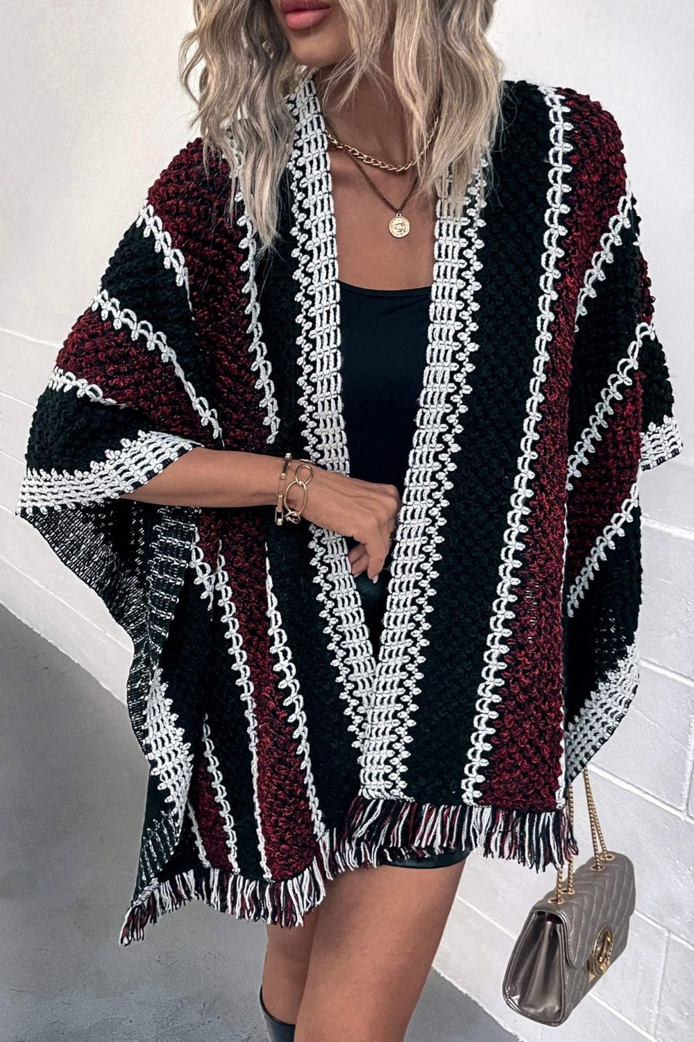 Striped Open Front Fringe Hem Poncho