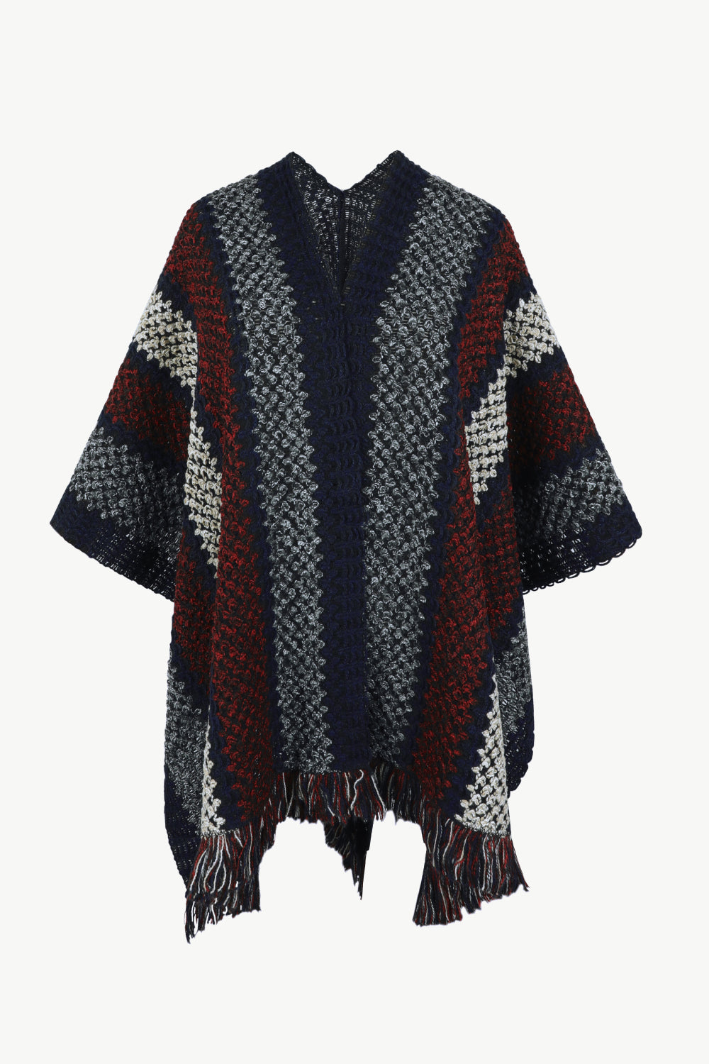 Striped Open Front Fringe Hem Poncho