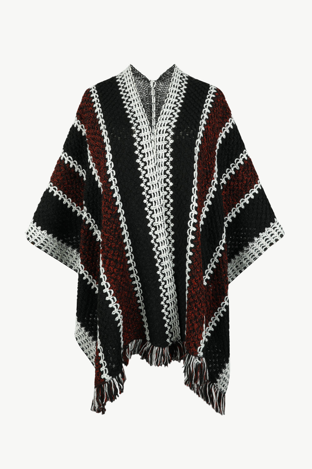 Striped Open Front Fringe Hem Poncho