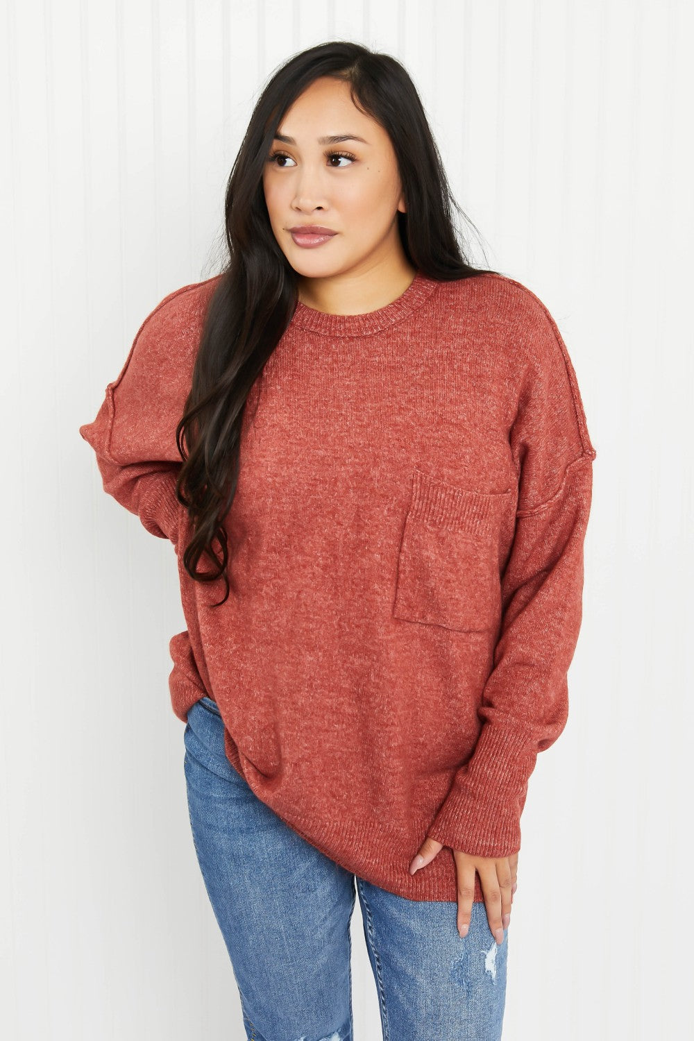 Zenana Forest in Fall Full Size High-Low Hem Pocket Sweater