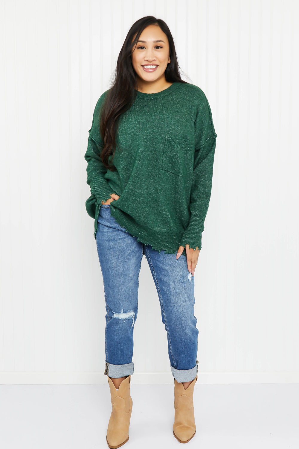 Zenana Pine Views Full Size Distressed Melange Sweater