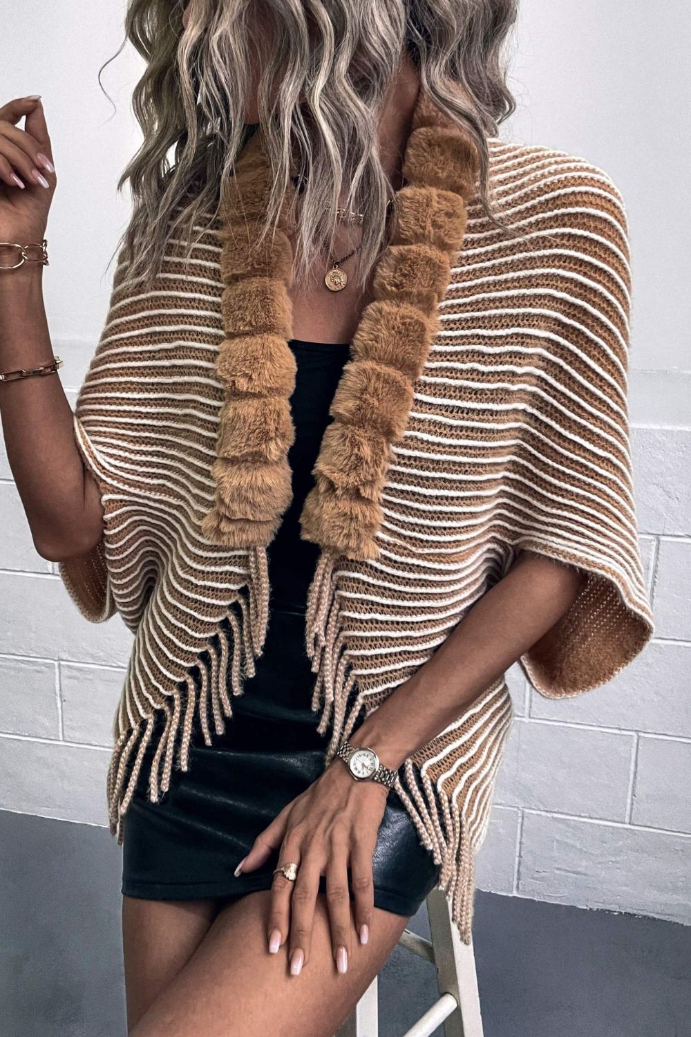 Striped Faux Fur Trim Open Front Cardigan