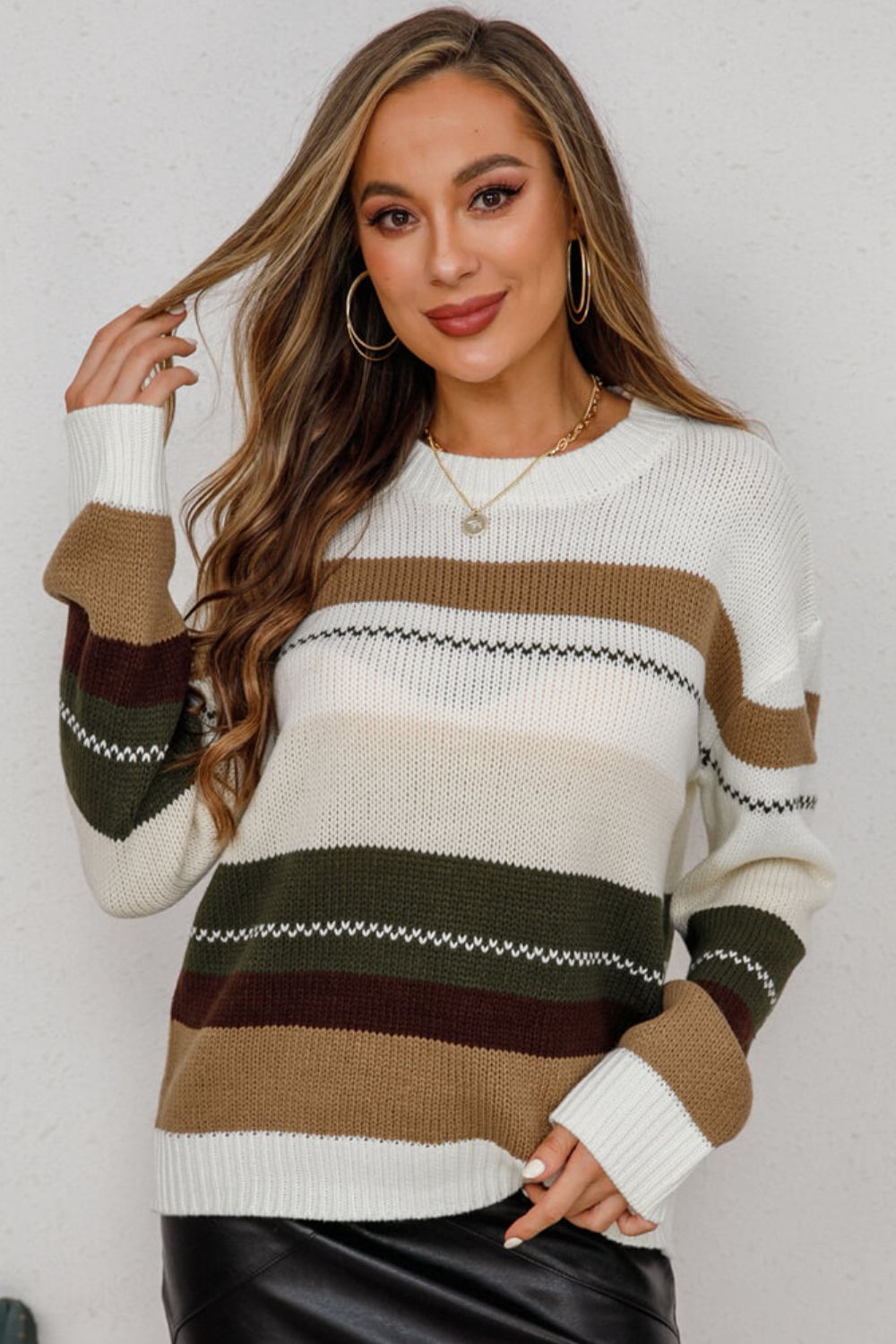 Striped Ribbed  Trim Round Neck Tunic Sweater