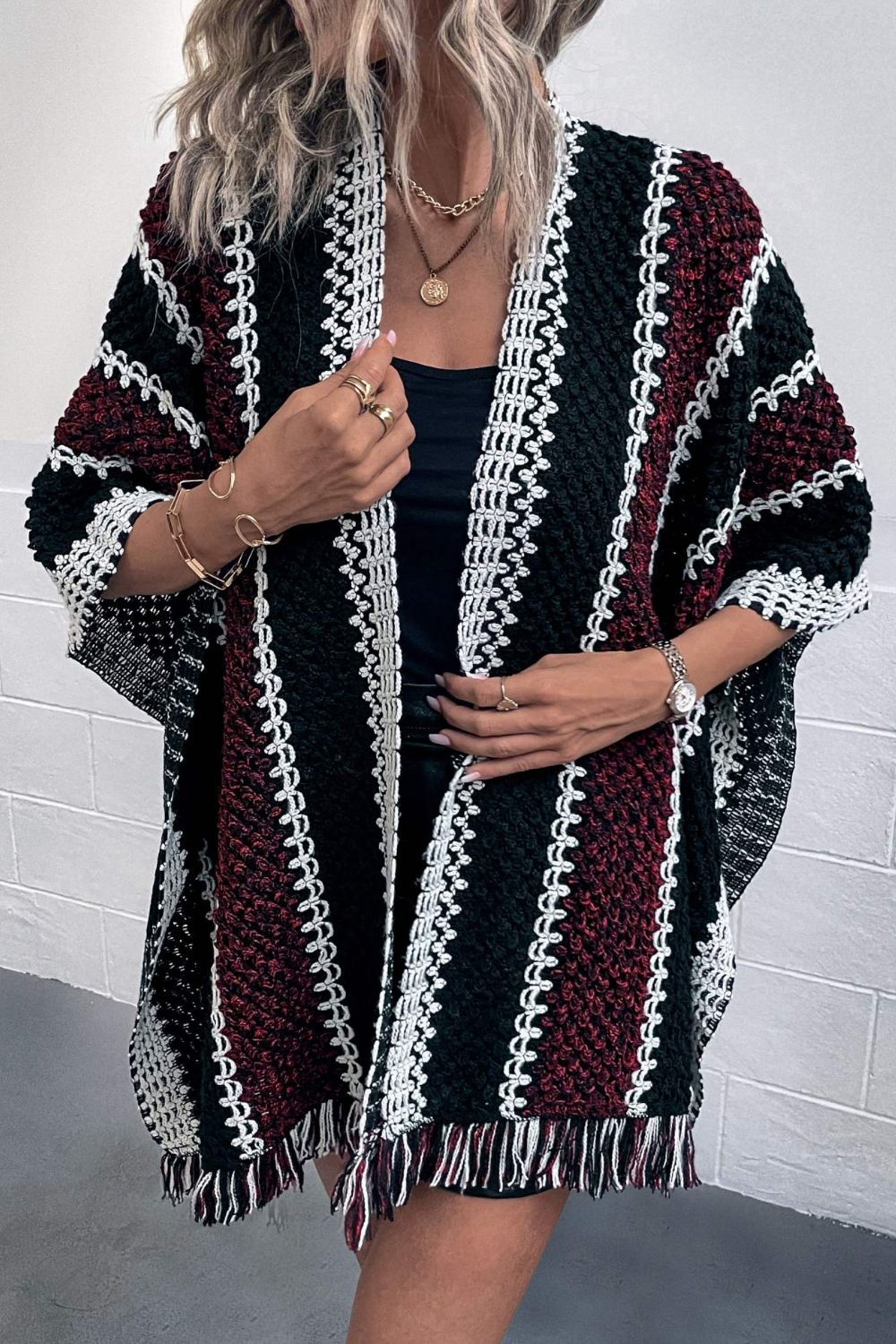 Striped Open Front Fringe Hem Poncho