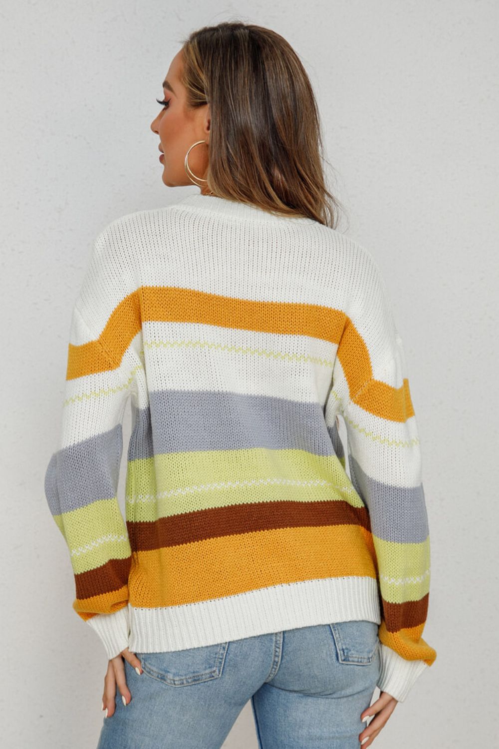 Striped Ribbed  Trim Round Neck Tunic Sweater