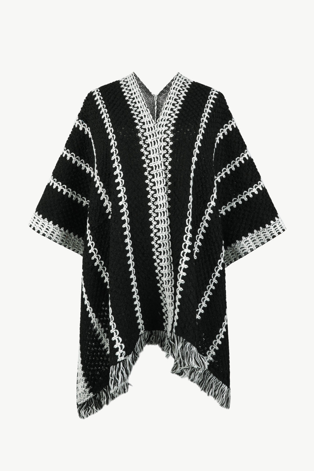 Striped Open Front Fringe Hem Poncho