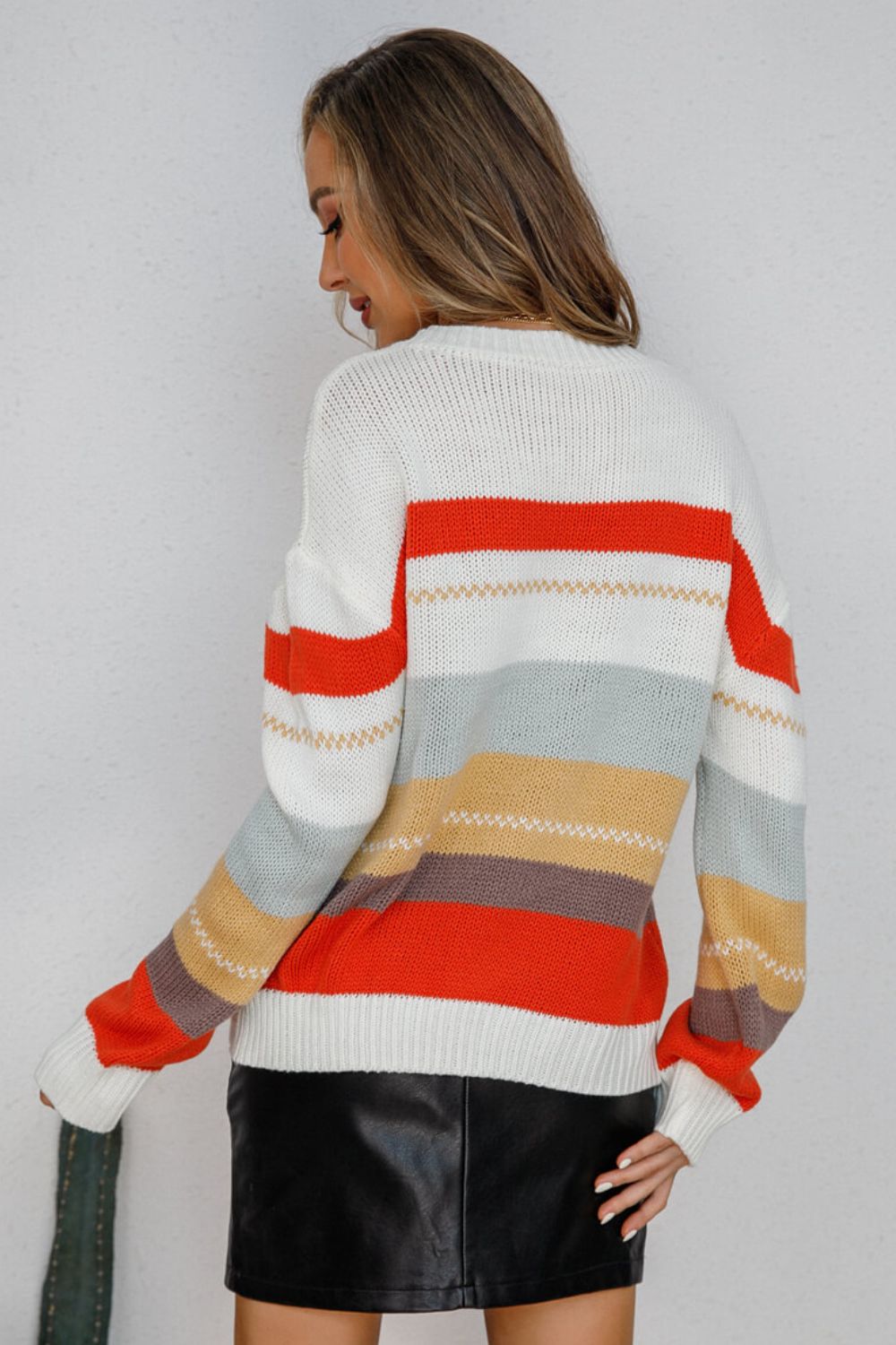 Striped Ribbed  Trim Round Neck Tunic Sweater