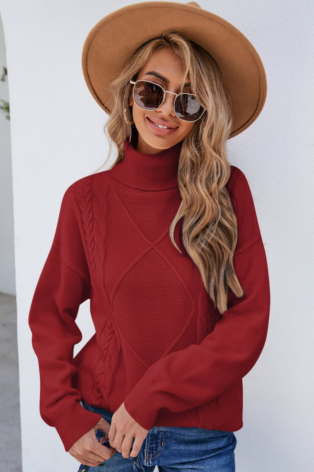 Turtleneck Cable-Knit Dropped Shoulder Sweater