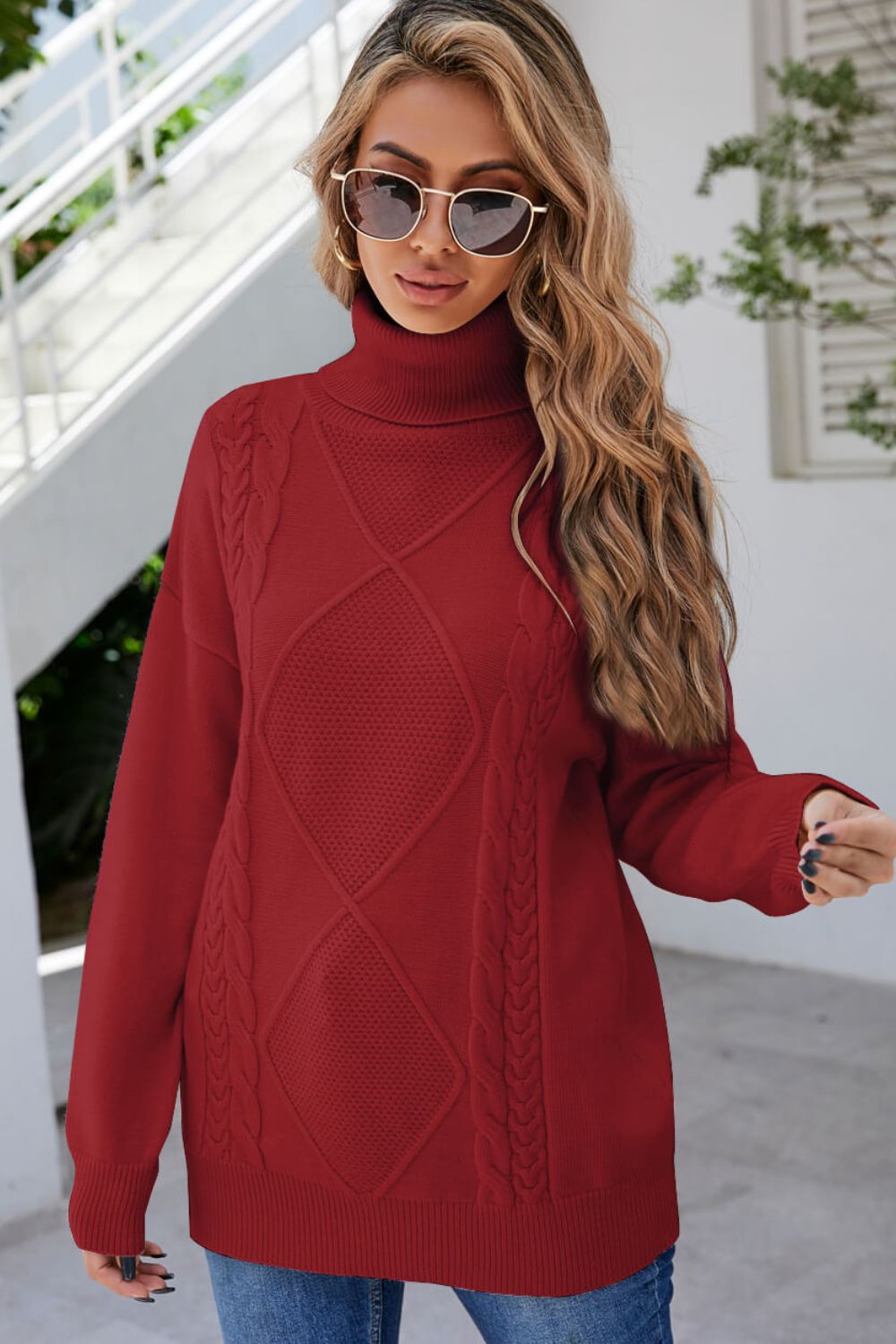 Turtleneck Cable-Knit Dropped Shoulder Sweater