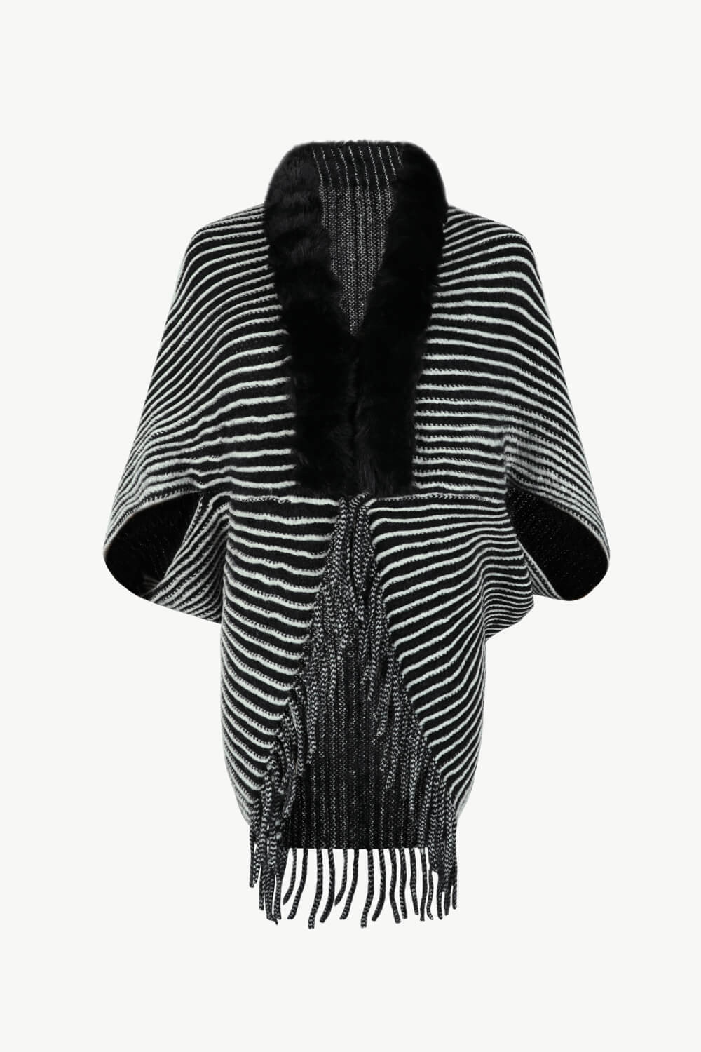 Striped Faux Fur Trim Open Front Cardigan