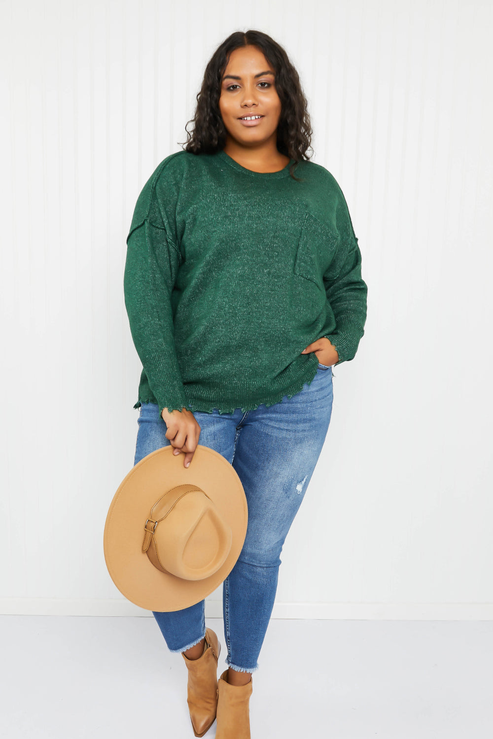 Zenana Pine Views Full Size Distressed Melange Sweater