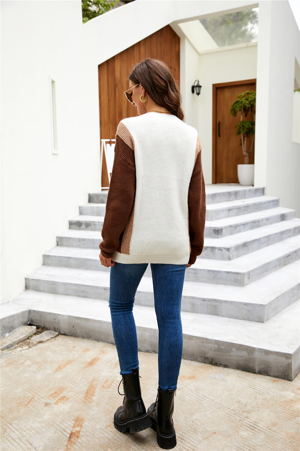 Tricolor Round Neck Tunic Sweater