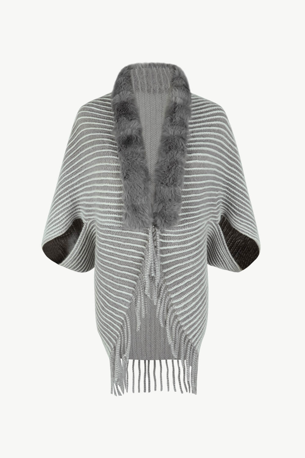 Striped Faux Fur Trim Open Front Cardigan