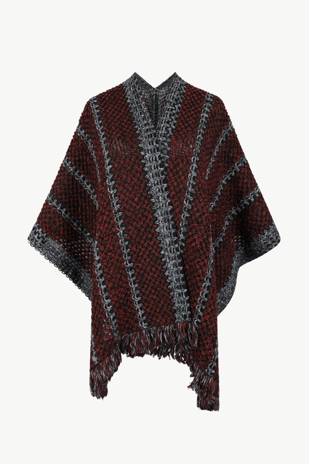 Striped Open Front Fringe Hem Poncho