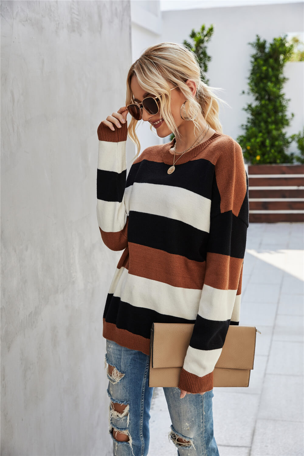 Striped Round Neck Tunic Sweater