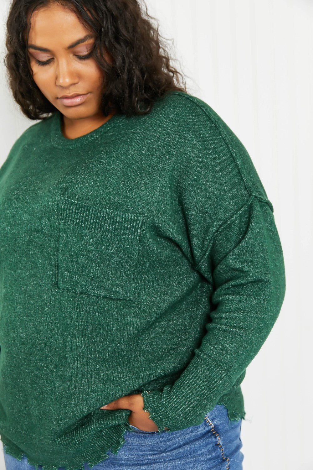 Zenana Pine Views Full Size Distressed Melange Sweater