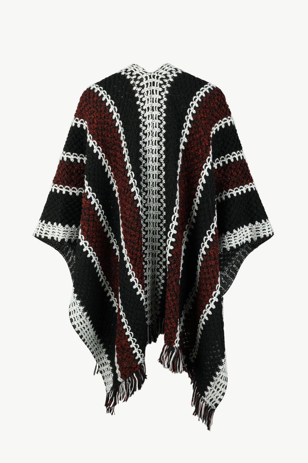 Striped Open Front Fringe Hem Poncho