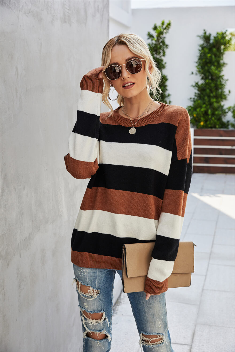 Striped Round Neck Tunic Sweater