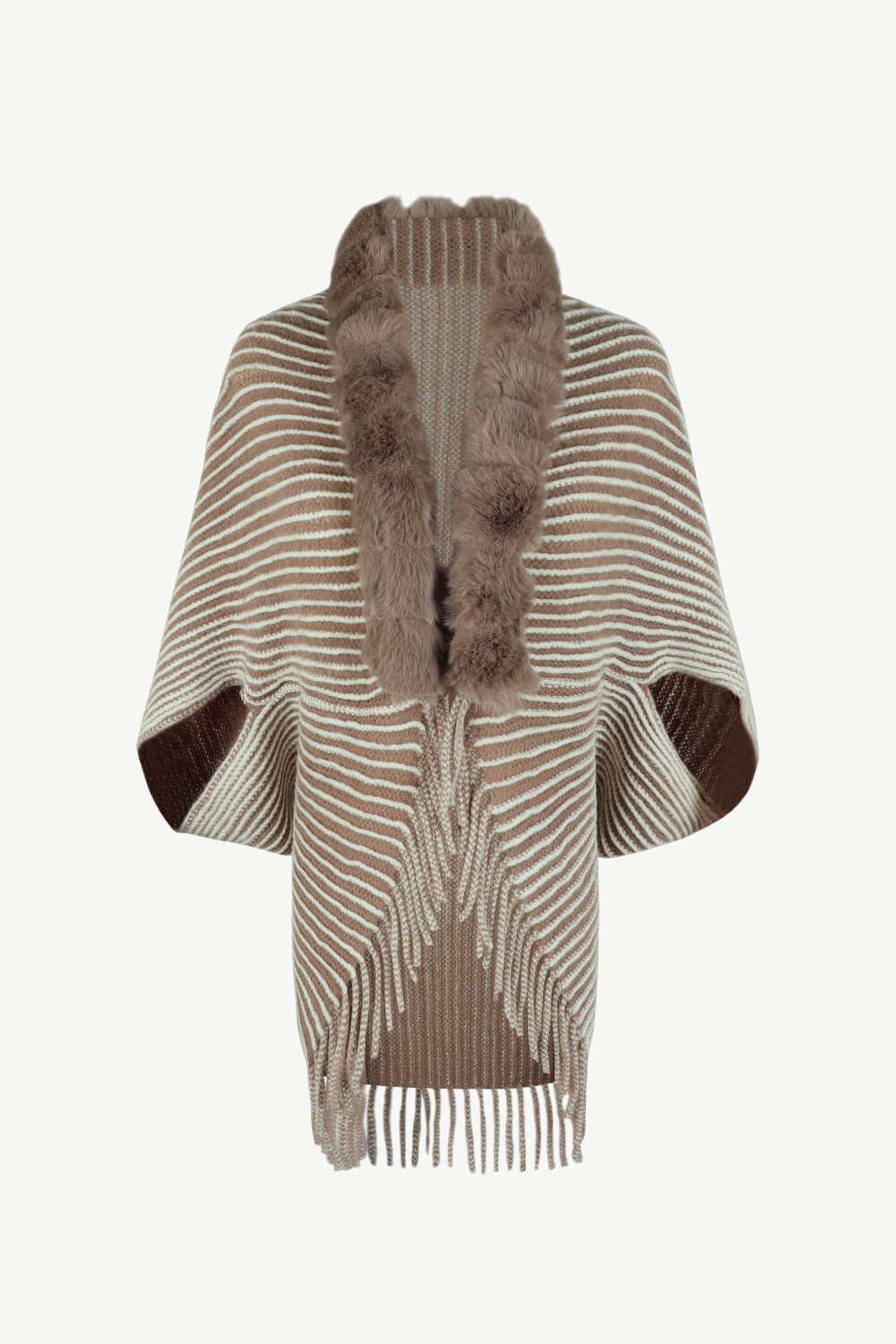 Striped Faux Fur Trim Open Front Cardigan