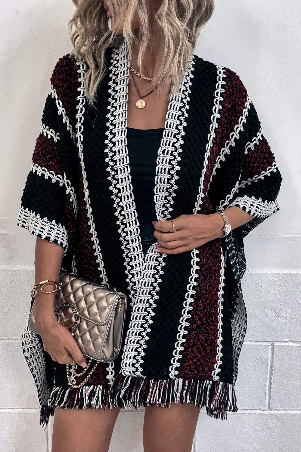 Striped Open Front Fringe Hem Poncho