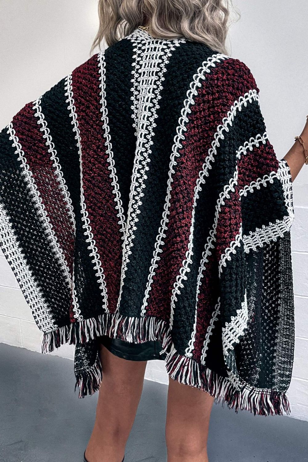 Striped Open Front Fringe Hem Poncho