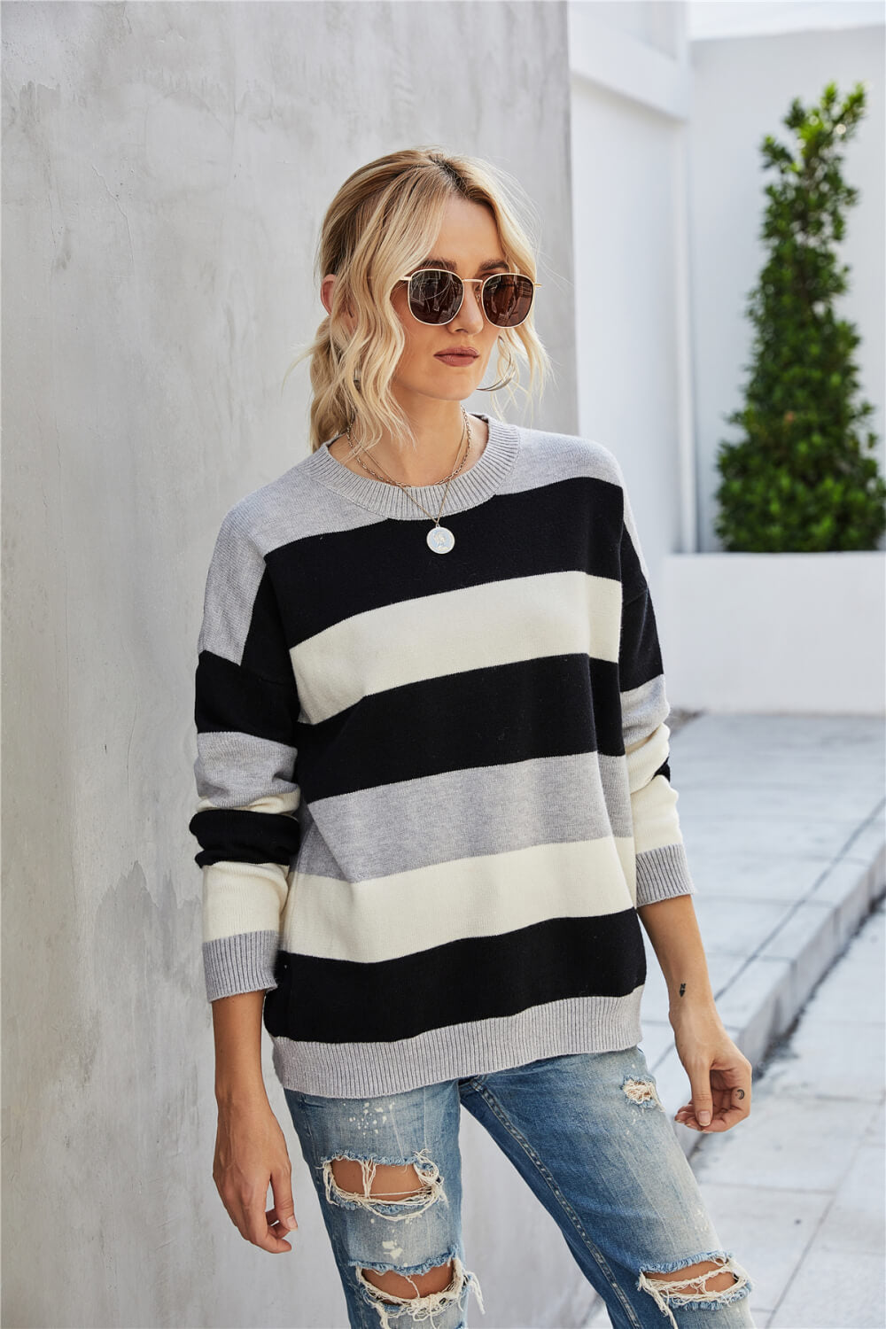 Striped Round Neck Tunic Sweater